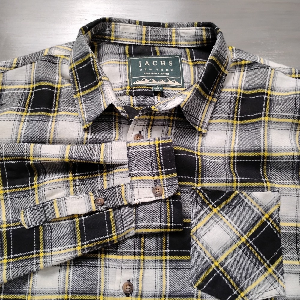 Jachs New York Recycled Flannel Shirt Men's Size Large Yellow Black Plaid Soft